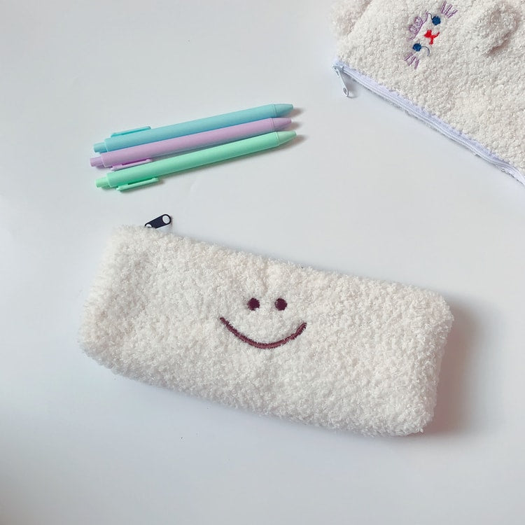 Cute Smiley Embroidery Plush Pencil Case Kawaii Pencil Bag for Kids School Supplies Gift
