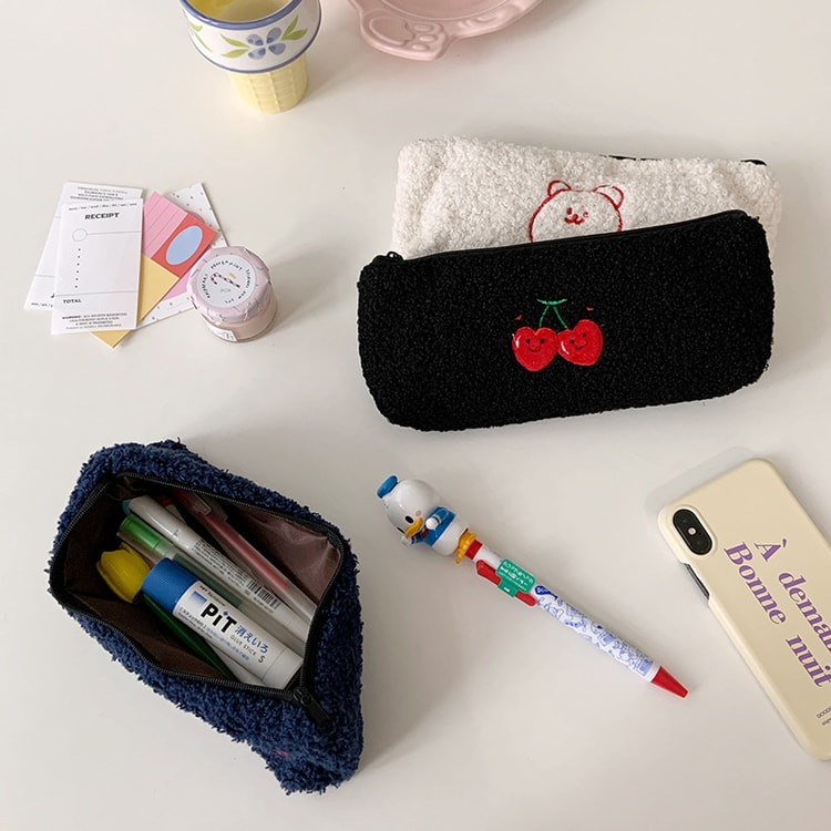 Cute Smiley Embroidery Plush Pencil Case Kawaii Pencil Bag for Kids School Supplies Gift