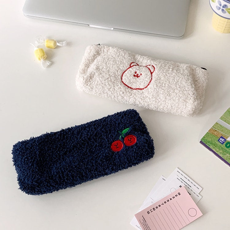 Cute Smiley Embroidery Plush Pencil Case Kawaii Pencil Bag for Kids School Supplies Gift