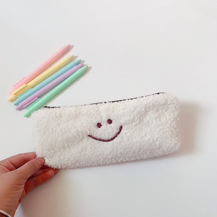 Cute Smiley Embroidery Plush Pencil Case Kawaii Pencil Bag for Kids School Supplies Gift