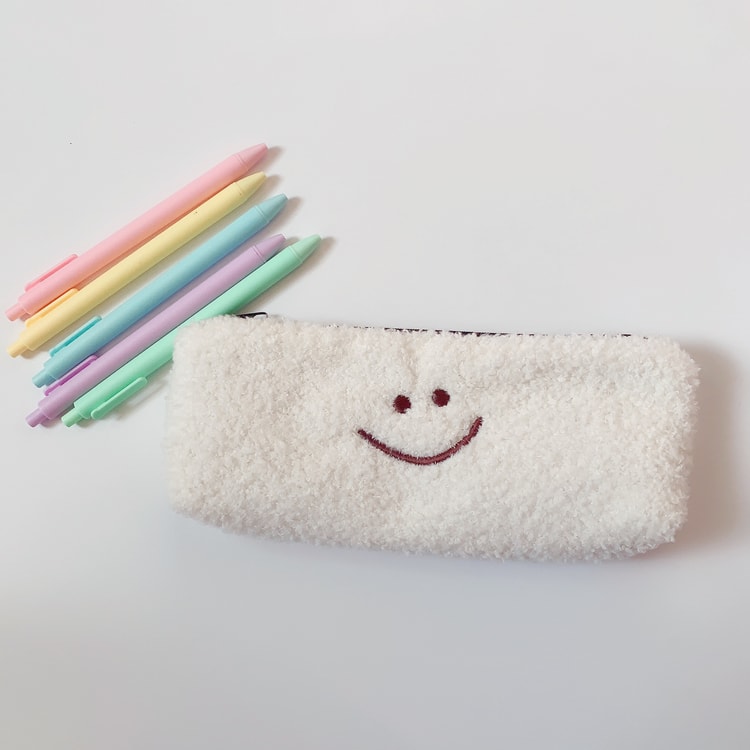 Cute Smiley Embroidery Plush Pencil Case Kawaii Pencil Bag for Kids School Supplies Gift