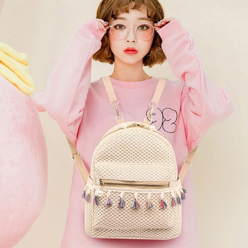 Bohemian Woven Backpack Straw School Bag Large Capacity