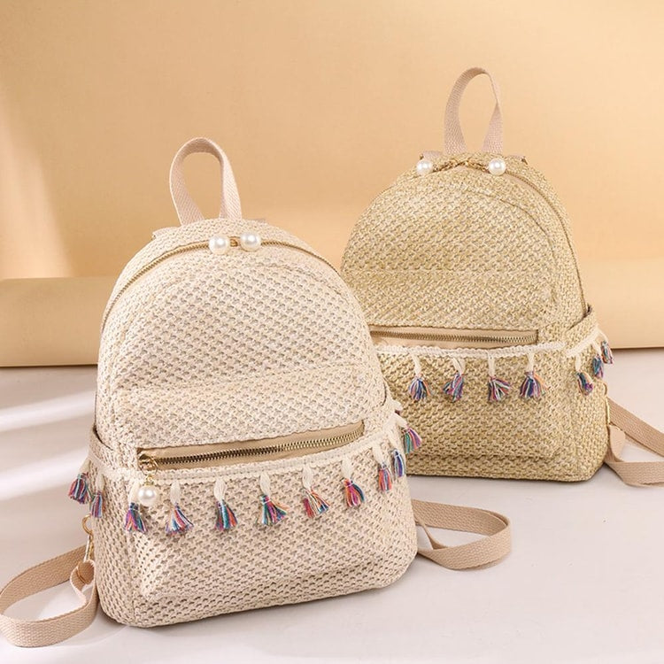 Bohemian Woven Backpack Straw School Bag Large Capacity
